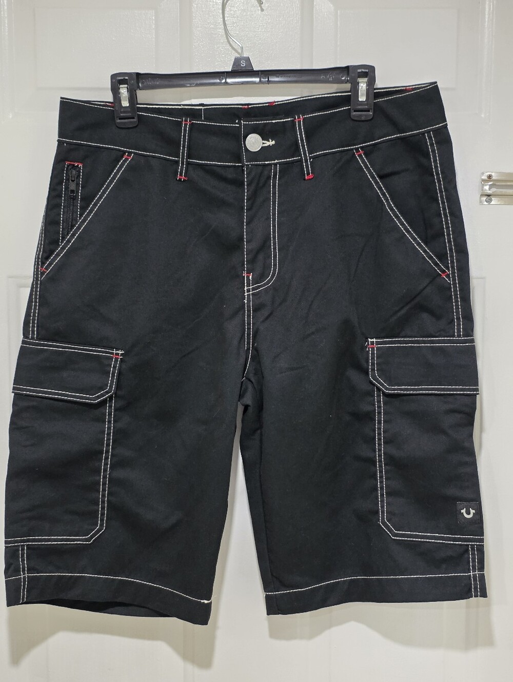 True Religion Black Cargo Shorts with White & Red Contrast Stitching